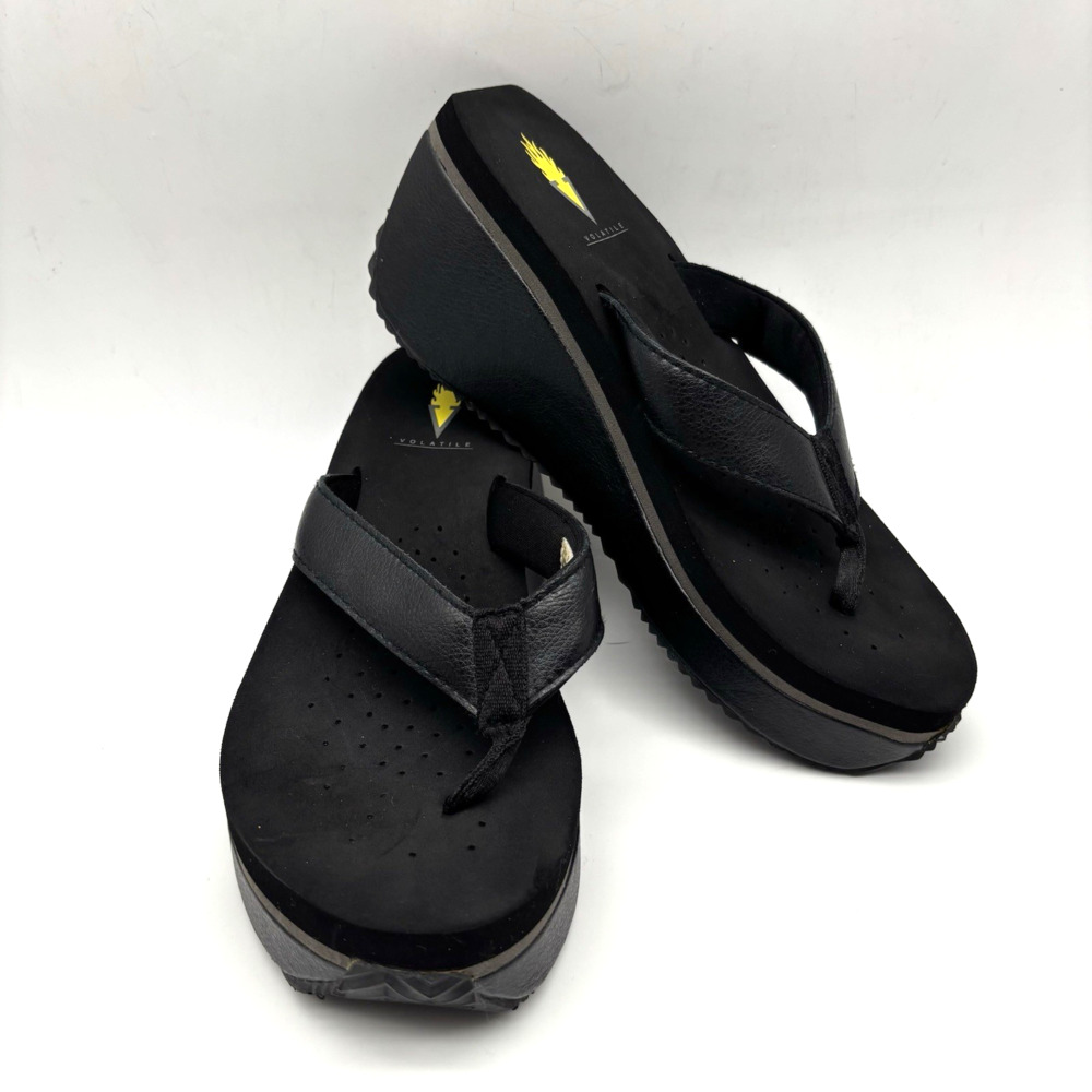 Volatile Frappachino Black Leather Platform Wedge Slip On Flip Flop Sandals 9